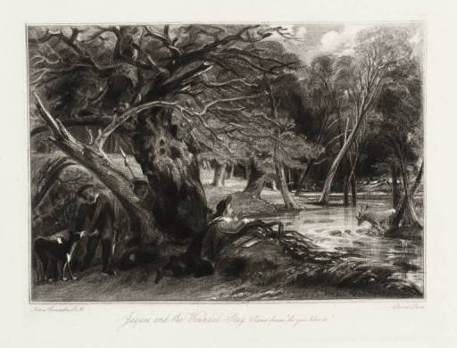 Constable, John, Lucas, David 1776-1837, 1802-1881 
British
from English Landscape Scenery, ed. H.G. Bohn (T04064-T04103) Jaques and the Wounded Stag published 1855
Mezzotint on paper 
image: 132 x 189 mm
on paper, print
Purchased 1985