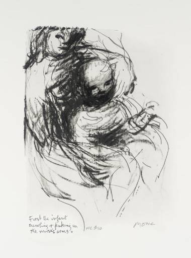 The work illustrated is reproduced by permission of the Henry Moore Foundation 
Moore, Henry, OM, CH 1898-1986 
British from Seven Ages of Man (published 1986; P02878-P02885) The Infant 1982
Lithograph on paper 
image: 285 x 200 mm
on paper, print
Presented by the Henry Moore Foundation 1986 