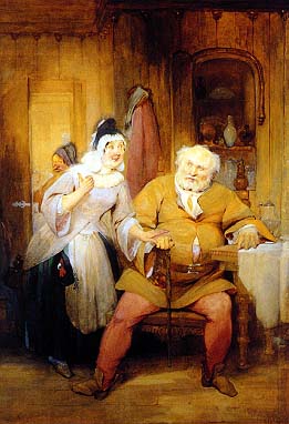 Watercolour
Approximately 21.5 x 30
Wednesbury Art Gallery, England.
This scene from The Merry Wives of Windsor takes place in Windsor at the Garter Inn (Act II, Scene ii).Meadows was a prolific illustrator of Shakespeare and his work appears in several editions of the plays.