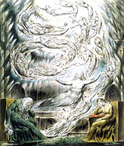 Pen and Ink with Watercolour; White and Gold added for highlights
Approximately 16 x 14.National Gallery of Art, Rosenwald Collection, Washington D. C.Blake did three earlier versions of this scene: one in the 1780's, another in 1807, and a third in 1809.