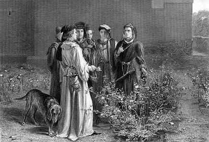 This engraving of Pettie's painting appears in The Art Journal, 1874 (36:132).The painting was first shown in 1871 at the Royal Academy Exhibition.The engraving was rendered by F. A. Heath. 

For a discussion of this topic from 1 Henry VI, Act II, scene iv, 
see the comments on Henry Payne's depiction of the same subject.