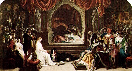 This painting is Watercolour, Body Colour and Varnish on Paper
14.25 x 25.5
Owned by the Forbes Magazine Collection, New York, New York.This watercolour is a replica of the painting Maclise exhibited in 1842.The original at the Tate Gallery is oil on canvas, 60 x 108.