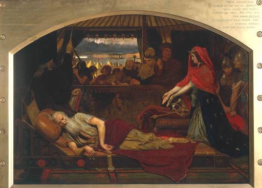 Brown, Ford Madox 1821-1893 <br>
  British<br>Lear and Cordelia 1849-54<br>Oil on canvas <br>
  support: 711 x 991 mm<br>
  painting<br>
  Purchased with assistance from the National Art Collections Fund and subscribers 
  1916