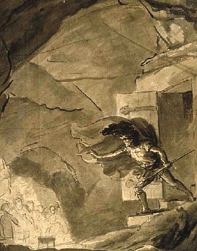 Dance-Holland, Sir Nathaniel 1735-1811 
British
from Album of Drawings by Nathaniel Dance-Holland and George Dance
from Opp� Collection Macbeth Entering the Witches' Cavern 
Pencil and watercolour on paper 
support: 353 x 272 mm
on paper, unique
Purchased as part of the Opp� Collection with assistance from the National Lottery 
through the Heritage Lottery Fund 1996 